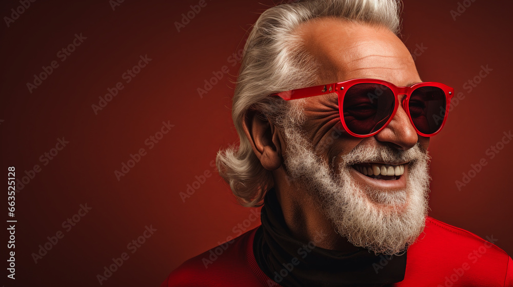 A smiling man with white hair, mustache and beard wearing sunglasses, Santa Claus against a red background, Generative AI