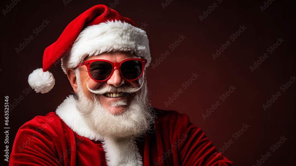 Santa claus smiling in hat and red sunglasses against a red background, Generative AI Santa claus smiling in hat and red sunglasses against a red background, Generative AI