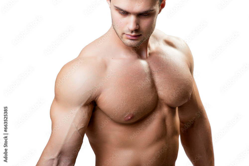 Closeup image of a muscular athlete bodybuilder man on a white background Closeup image of a muscular athlete bodybuilder man on a white background
