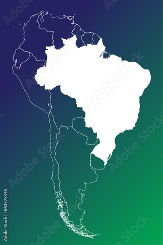 Vector graphic of modern editable map of South America with each country able to be color filled independently