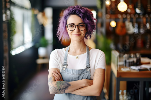 A young, gen z female entrepreneur with an unconventional style and purple hair stands confidently in her creative workshop or guitar shop, showcasing individuality and a spirit of nonconformity. photo