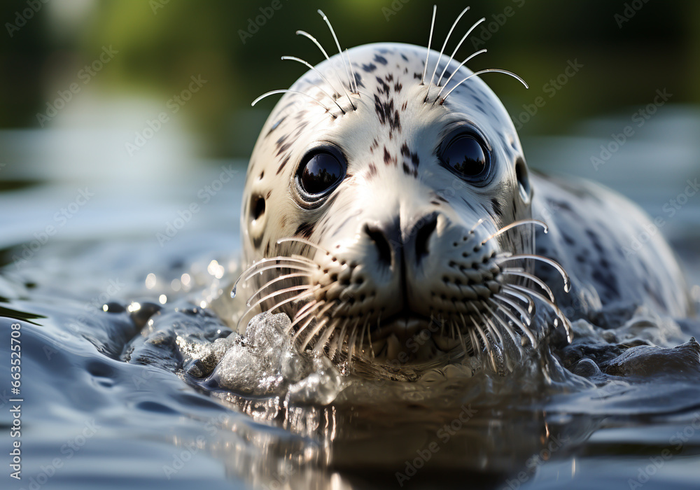 Realistic portrait of a seal in the water. AI generated