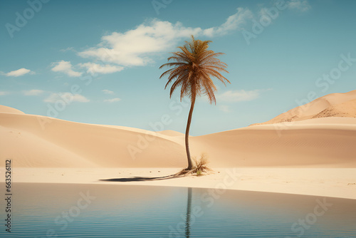 A Single Palme Tree Stands in Front of a Pristine Desert Oasis