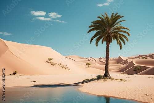 A Desert Oasis Surrounded By Sand Dunes