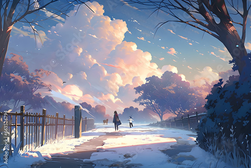 Beautiful cartoon winter landscape. Generative AI illustration in anime style © Ayrum.Design