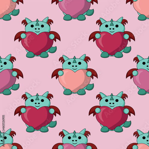 Seamless pattern with cute dragon with heart