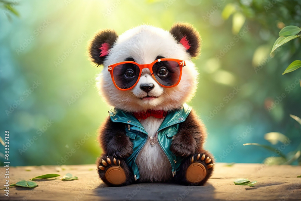 Funny panda in sunglasses on a background of bamboo Funny panda in sunglasses on a background of bamboo