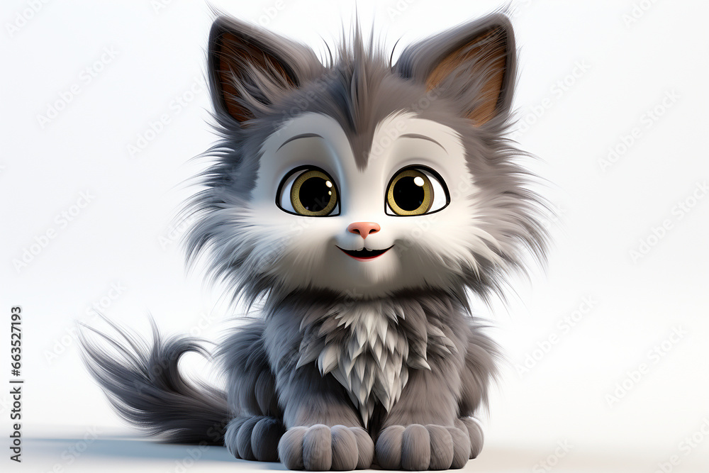 Maine Coon cat on a white background. Adorable 3D cartoon animal portrait.