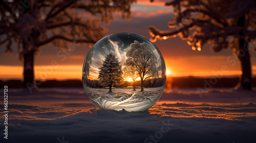 shiny christmas globe with winter in its reflection  merry christmas 