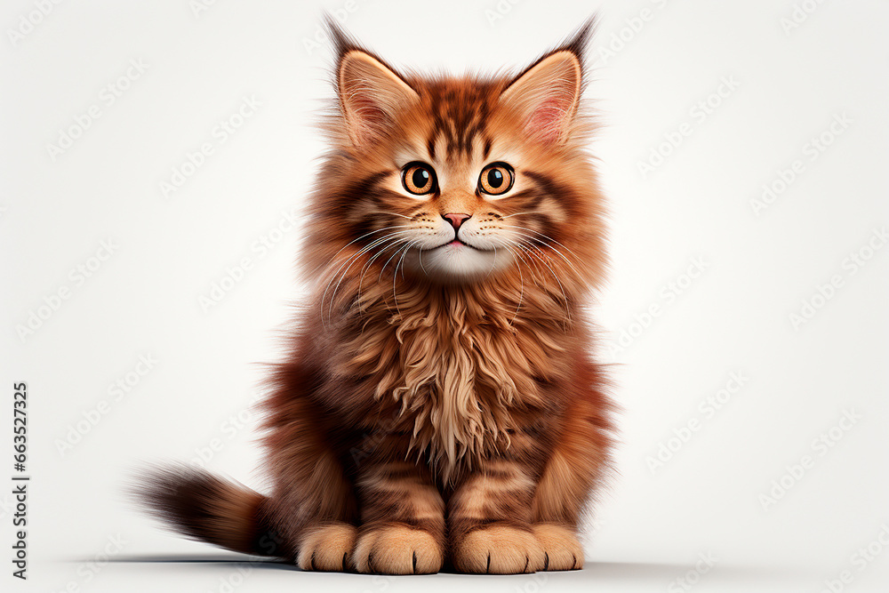 Maine Coon cat on a white background. Adorable 3D cartoon animal portrait.