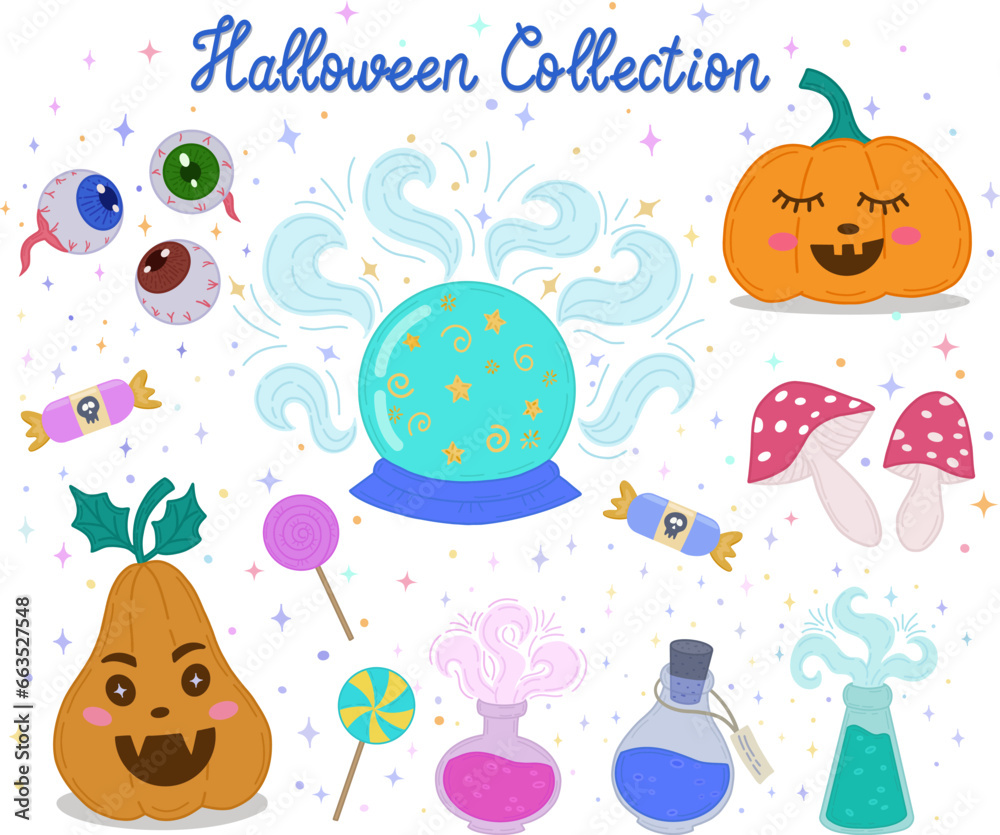 Fototapeta premium A set of vector characters and icons for Halloween in cartoon style. Traditional Halloween elements. A Halloween set with cute elements.