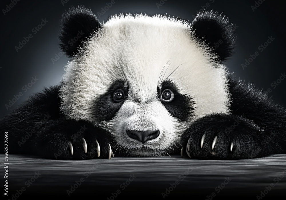 Fototapeta premium Realistic portrait of a panda isolated on dark background. AI generated