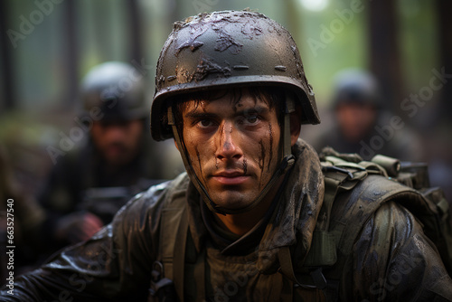 Portrait of a Soldier Gazing at the Camera, Wounded and Dirty After Combat