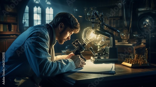 A chemist adjusting the setting of microscope