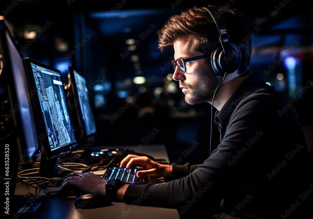 Man working on computer in the office. Internet and technology time. AI generated Man working on computer in the office. Internet and technology time. AI generated