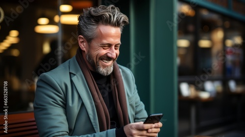 bearded man smiling with mobile phone on the street