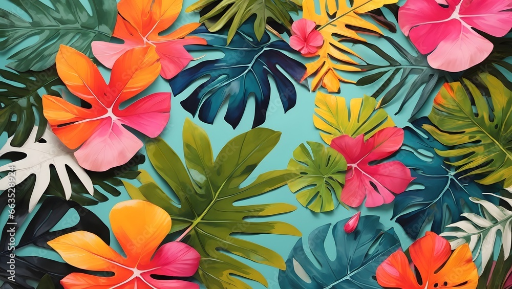 A Vibrant And Inviting Background Design That Captures The Essence Of A Tropical Paradise, Infused With Bright And Colorful Tones And Adorned With Exotic Painted Palm Leaves AI Generative A Vibrant And Inviting Background Design That Captures The Essence Of A Tropical Paradise, Infused With Bright And Colorful Tones And Adorned With Exotic Painted Palm Leaves AI Generative