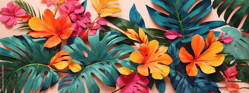 A Vibrant And Inviting Background Design That Captures The Essence Of A Tropical Paradise, Infused With Bright And Colorful Tones And Adorned With Exotic Painted Palm Leaves AI Generative