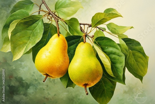 Pears in yellow and green with leaves on light yellow. Generative AI