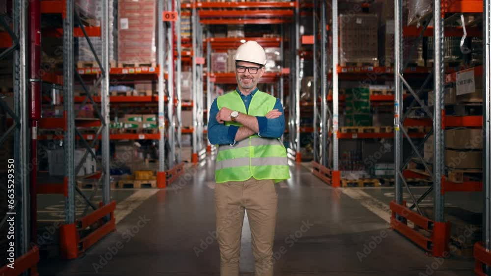 Male smiling employee standing at large storage. Warehouse worker in protective clothing and glasses. Man contractor looking at camera with crossed arms. Logistic company. Goods for export. Male smiling employee standing at large storage. Warehouse worker in protective clothing and glasses. Man contractor looking at camera with crossed arms. Logistic company. Goods for export.