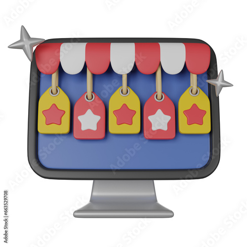 Online Shopping. Customer rating feedback. Computer Screen with Rating Stars. 3D render icon