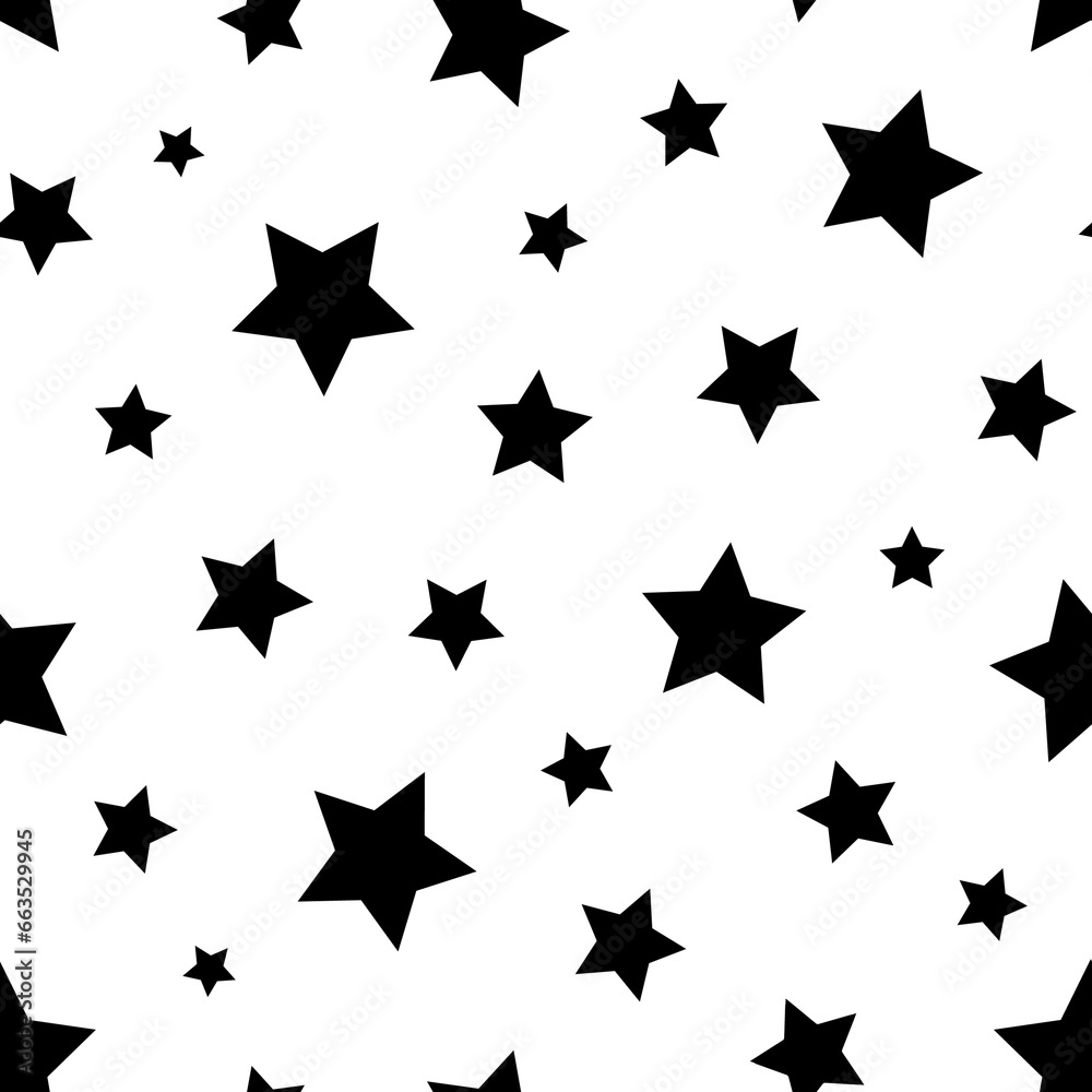 Obraz premium Star seamless pattern. Repeating black stars isolated on white background. repeated simple prints for design. Abstract monocrome lattice. Repeat sample. Geometric random texture. Vector illustration
