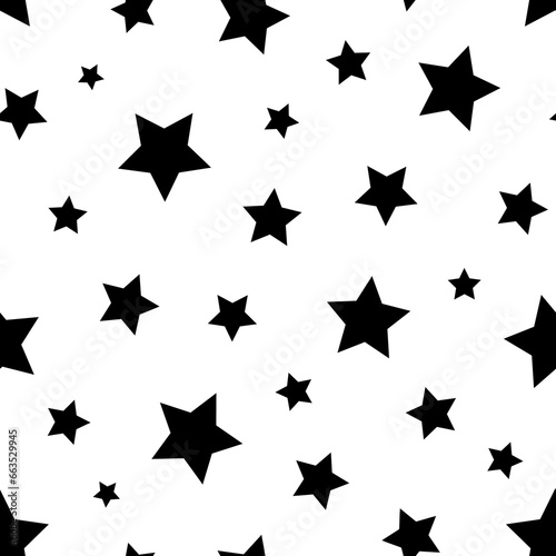 Star seamless pattern. Repeating black stars isolated on white background. repeated simple prints for design. Abstract monocrome lattice. Repeat sample. Geometric random texture. Vector illustration