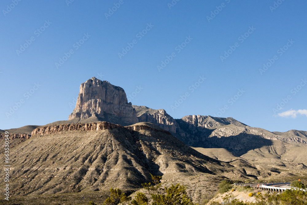 View of the Guadalupe Mountains and El Capitan from highway 62 in west Texas with the Salt Flats in the foreground