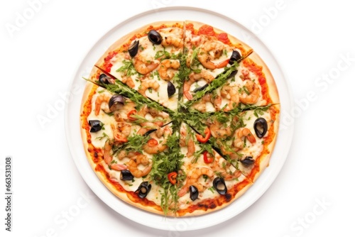 A delectable seafood pizza topped with succulent shrimps, ripe black olives, thin slices of red chili, and sprinkled with fresh green herbs. 