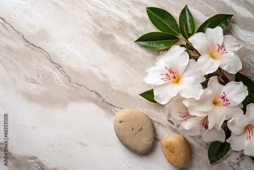 Spa and relaxation concept displayed on a textured marble background with zen stones, lush green leaves, and radiant white flowers. Perfect setting for wellness, therapy, and beauty treatments