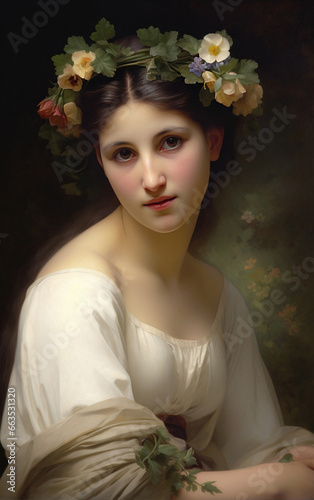 Portrait of a beautiful young woman in a wreath of flowers photo