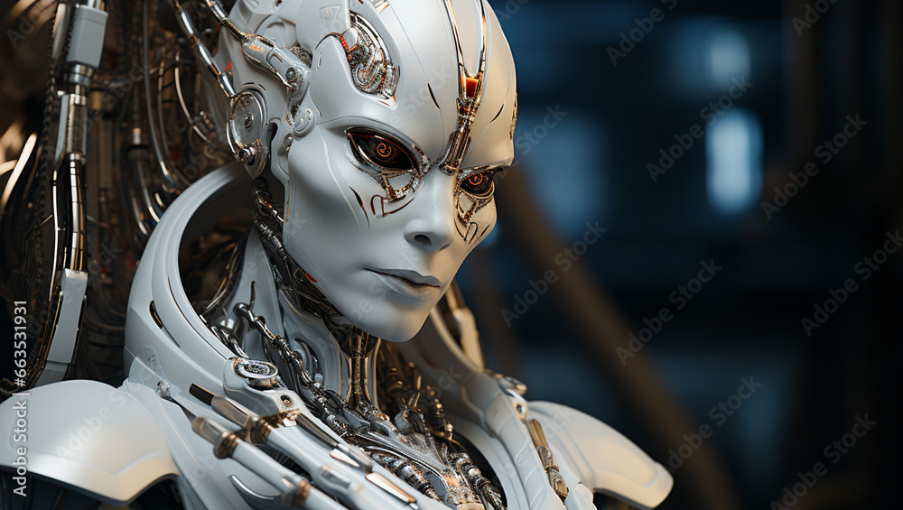 Futuristic Sci Fi Alien Looking Detailed Robot with Red Eyes Stock