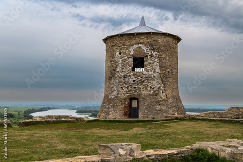 One of the towers of the ancient fortress of the ancient Bulgarian Yelabuga settlement and view of the city in the Republic of Tatarstan, Russia