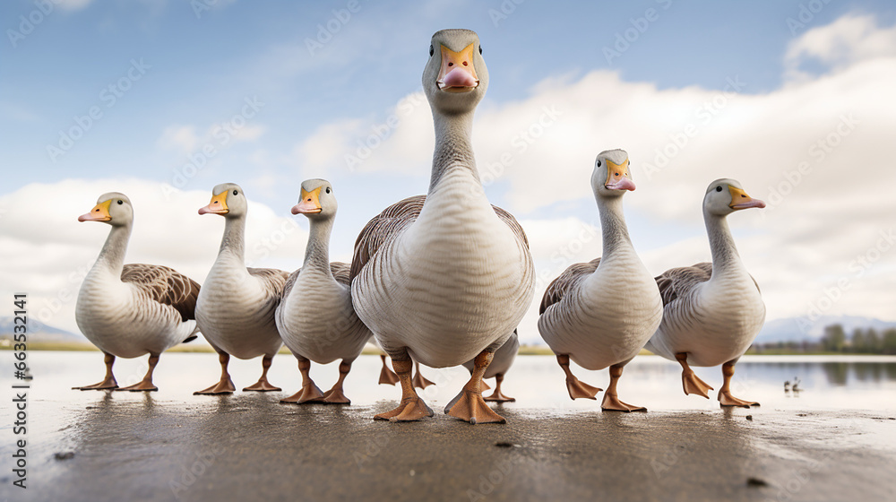 a group of geese in nature looking at the camera created with Generative Ai