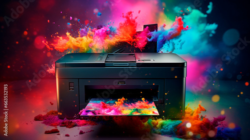 Printer with colorful paint splashes on blue background