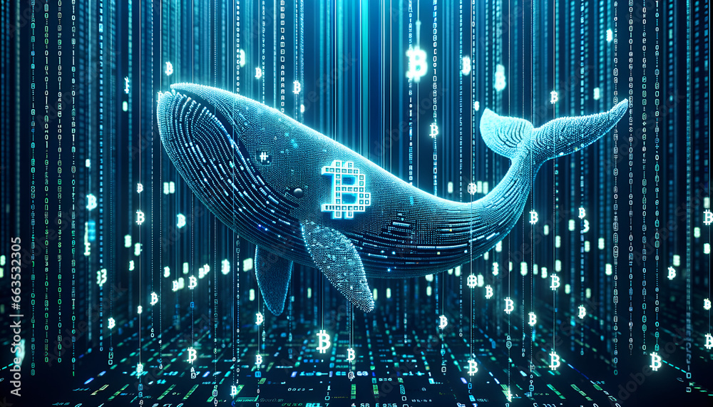 Digital whale with large bitcoin sign in vast deep cybernetic ocean ...