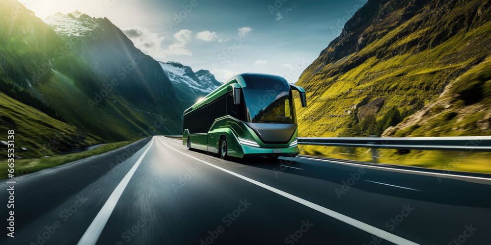 Obraz premium Innovative futuristic transport, high-tech smart self-driving electric vehicle, sustainable green travel, connected smart city concept