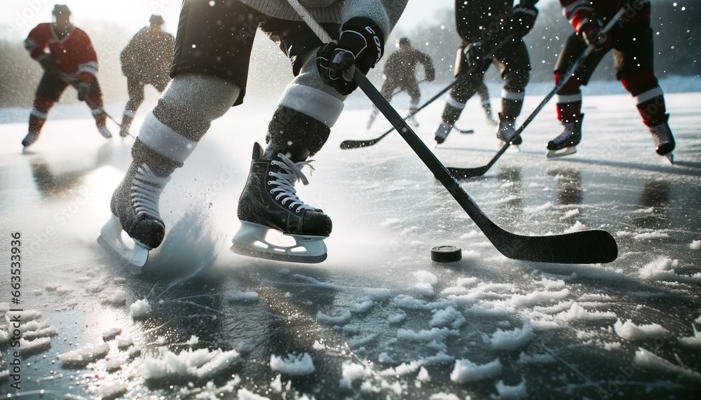 Obraz premium Photograph showcasing hockey players in the midst of a fast-paced game on a natural ice pond.