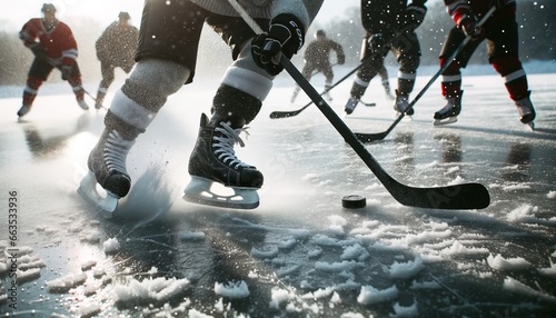Photograph showcasing hockey players in the midst of a fast-paced game on a natural ice pond.