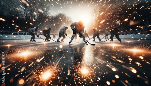 Photograph showcasing hockey players in the midst of a fast-paced game on a natural ice pond. photo