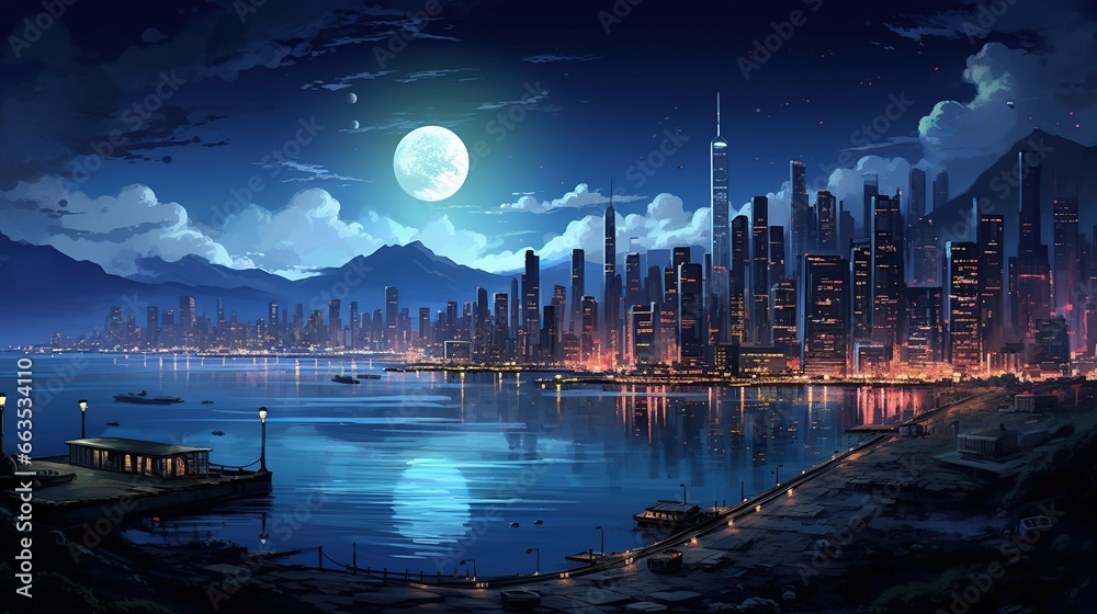 Panoramic pop art city night view. AI generated image