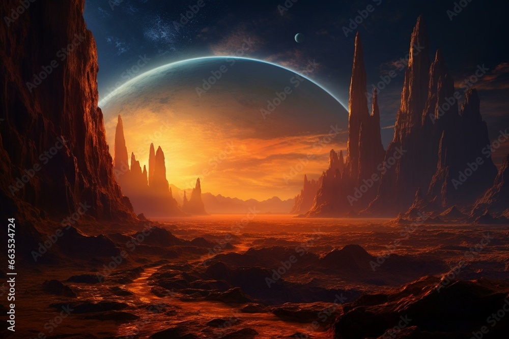 sunset valley on distant planet. Generative AI