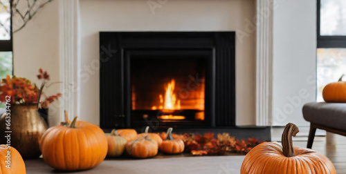 modern living room with sofa and fireplace decorated with pumpkins for thanksgiving day ai g