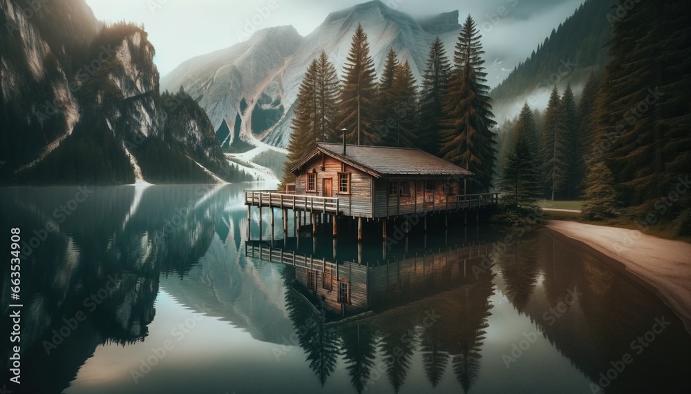 Fototapeta premium Rustic wooden cabin located on the edge of a tranquil lake.