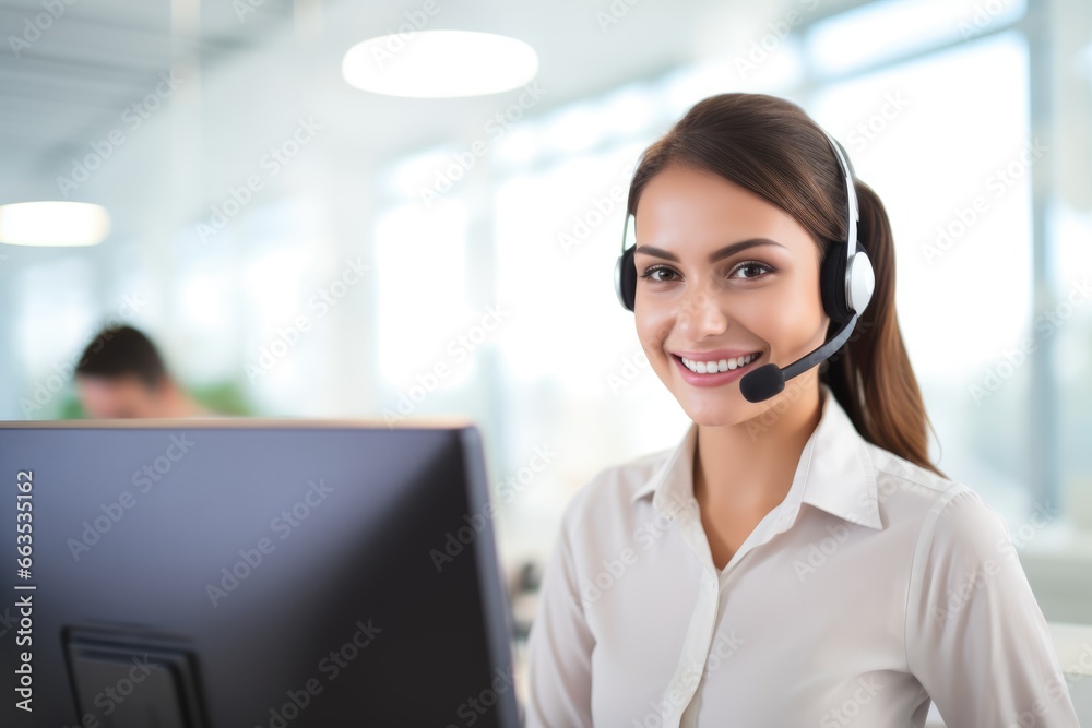 Portrait of happy smiling female customer support Portrait of happy smiling female customer support