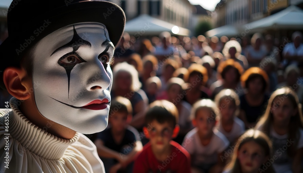 A pantomime in the middle of a fascinating performance in a crowded town square. - obrazy, fototapety, plakaty 