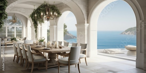 Modern Dining Room with Arched Ceiling in Coastal Mediterranean Style. Generative ai © Scrudje