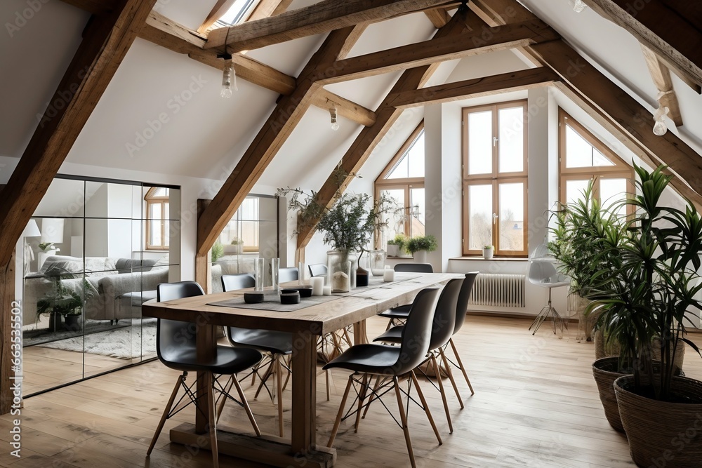 Scandinavian Dining Room in Attic with Wooden Beams. Generative ai