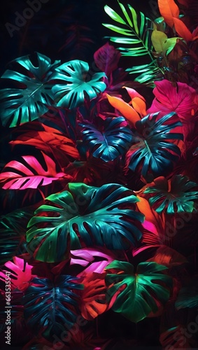 Neon Tropical Leaves Background Palm Leaves Background Leaf Background Tropical Wallpaper Forest Background AI Generative