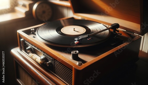 An old record player spinning a vintage vinyl in soft light.